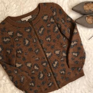 LOFT Leopard Print Zip Up Knit Cardigan